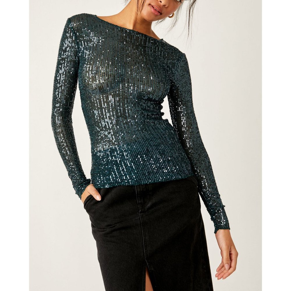 Free People Sequin Long Sleeve Top - Teal